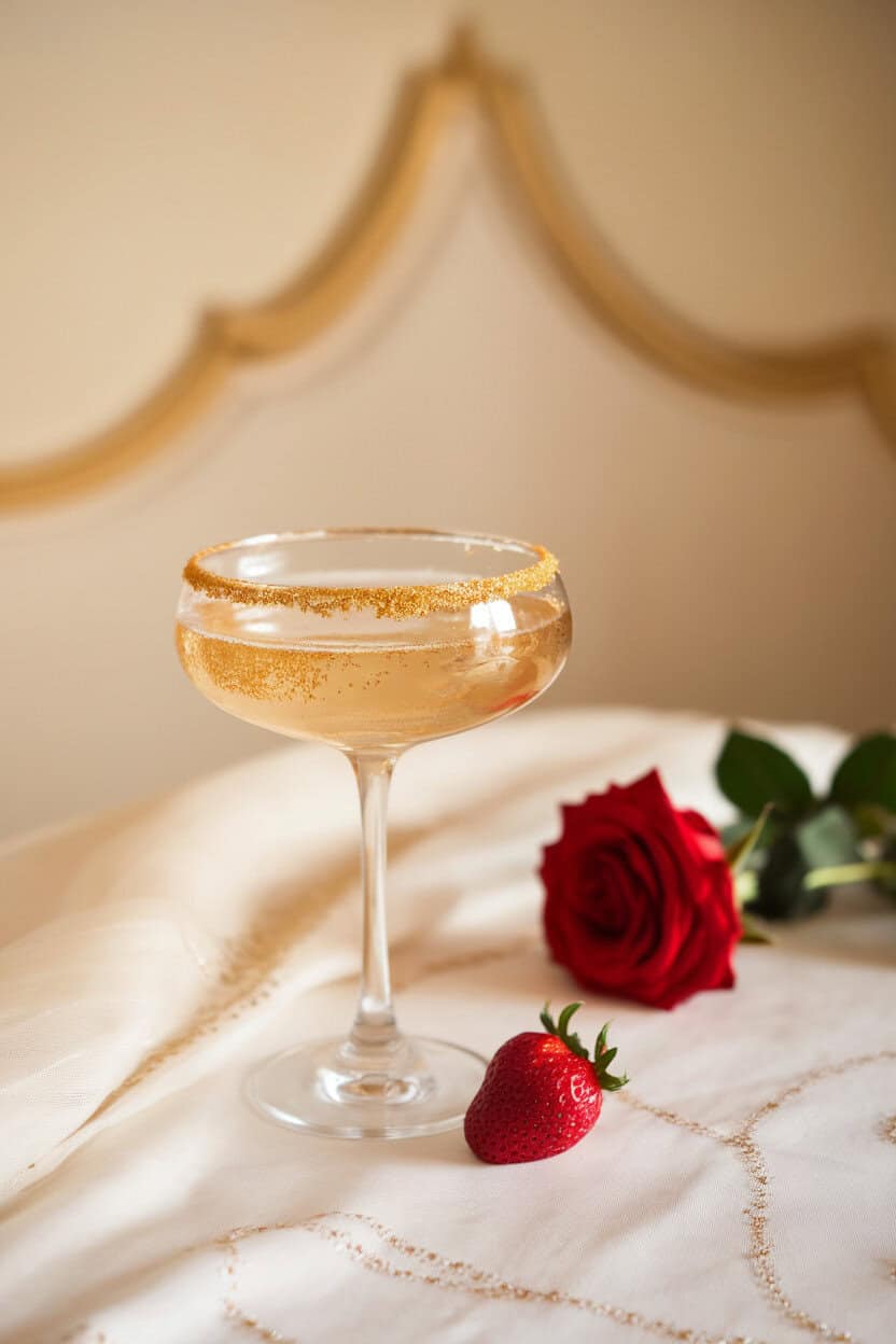 Indoor shot of a champagne coupe with edible gold sugar dust lightly coating the rim, elegant table setting, no text or logos visible.