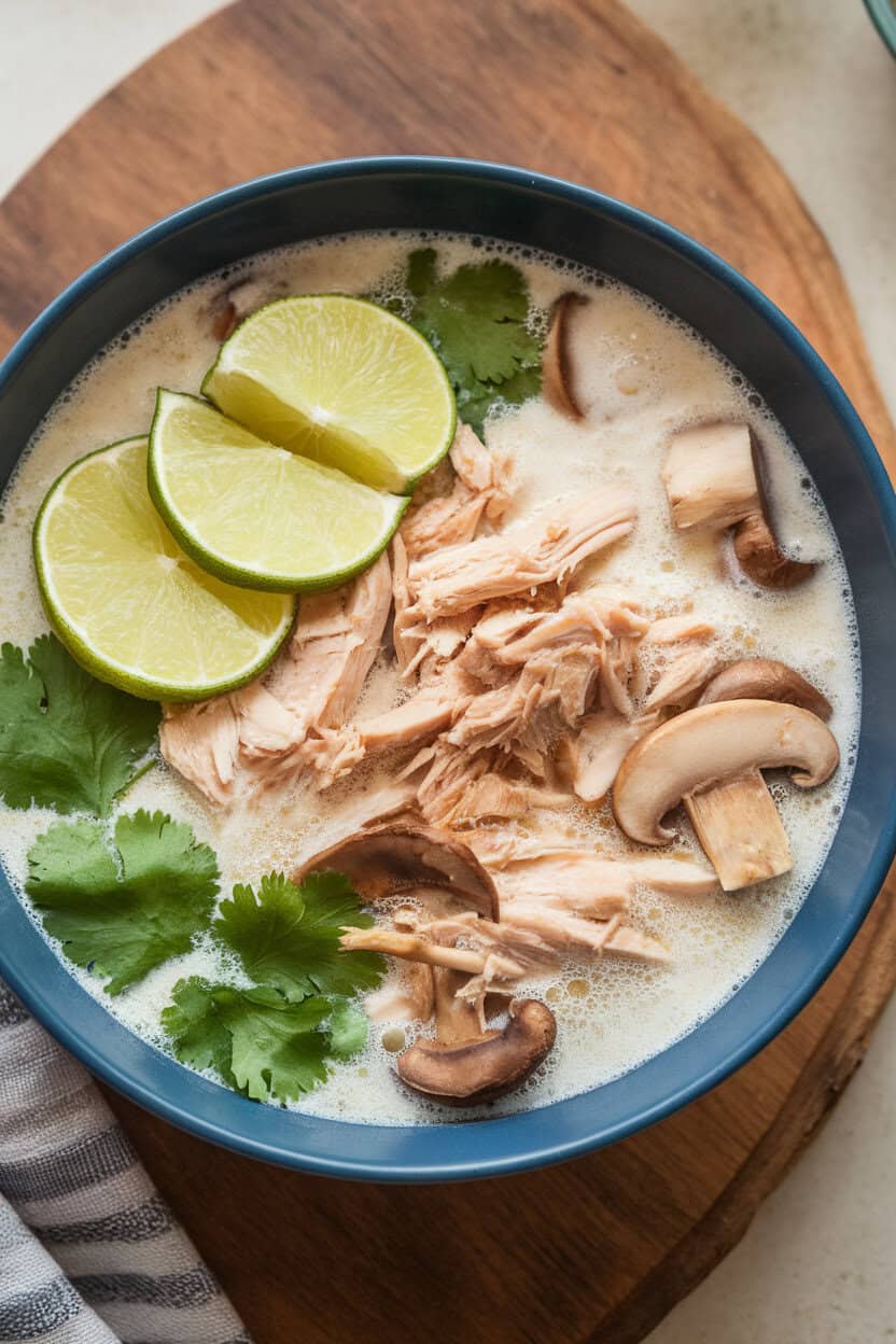 Indoor bowl of creamy coconut broth with shredded chicken, mushrooms, and cilantro, lime slices floating on top. No text or logos anywhere.