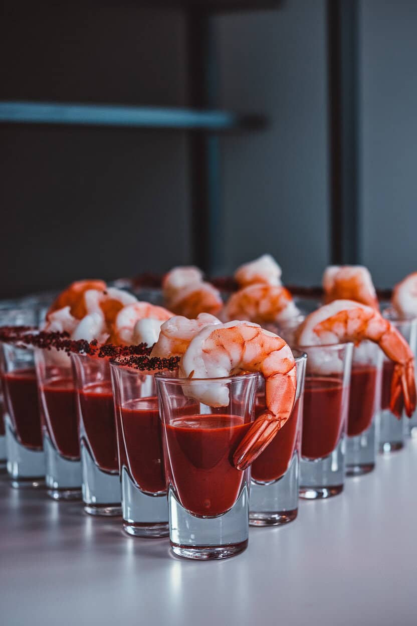 Clear shot glasses lined up indoors with blood-red cocktail sauce, a cooked shrimp hanging over each rim, and a light dusting of black lava salt. No text or logos. Photo only.