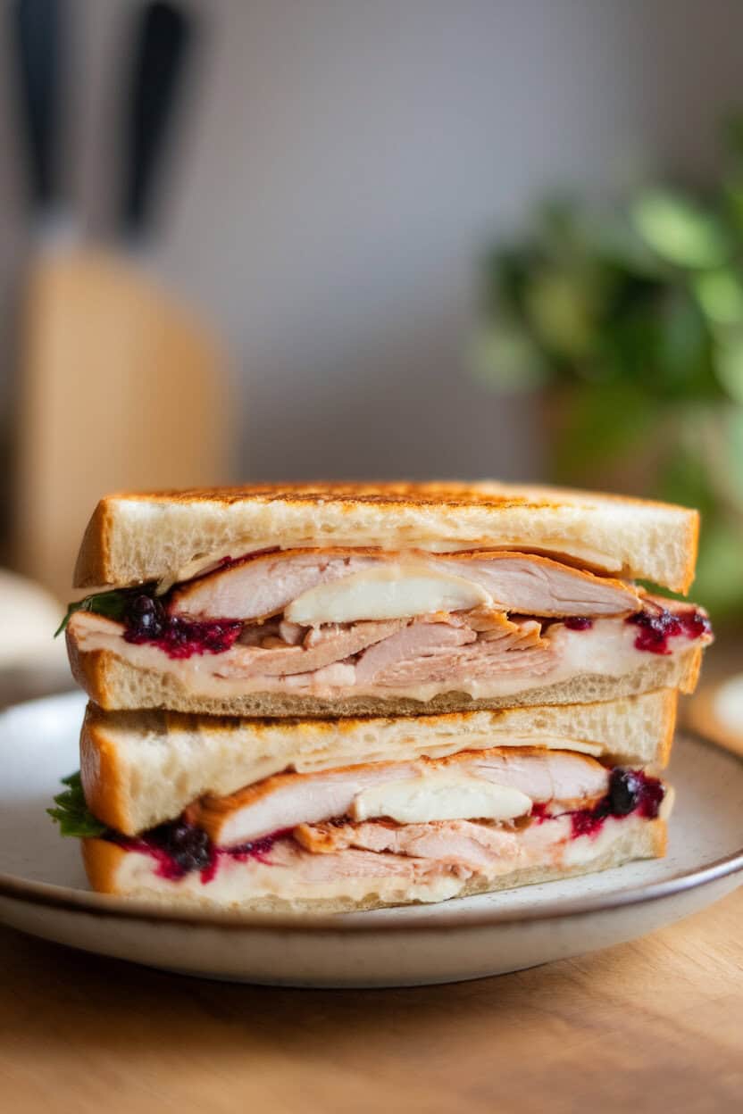 Indoor countertop with a pressed panini cut in half, showing melted Brie, sliced chicken, and blackberry preserves oozing slightly. No text or logos in view.
