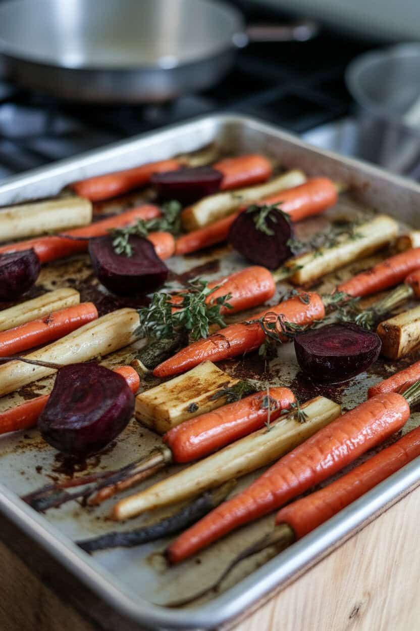 Indoor photo of a sheet pan with roasted carrots, parsnips, and beets, edges caramelized, herbs scattered. No text or logos.