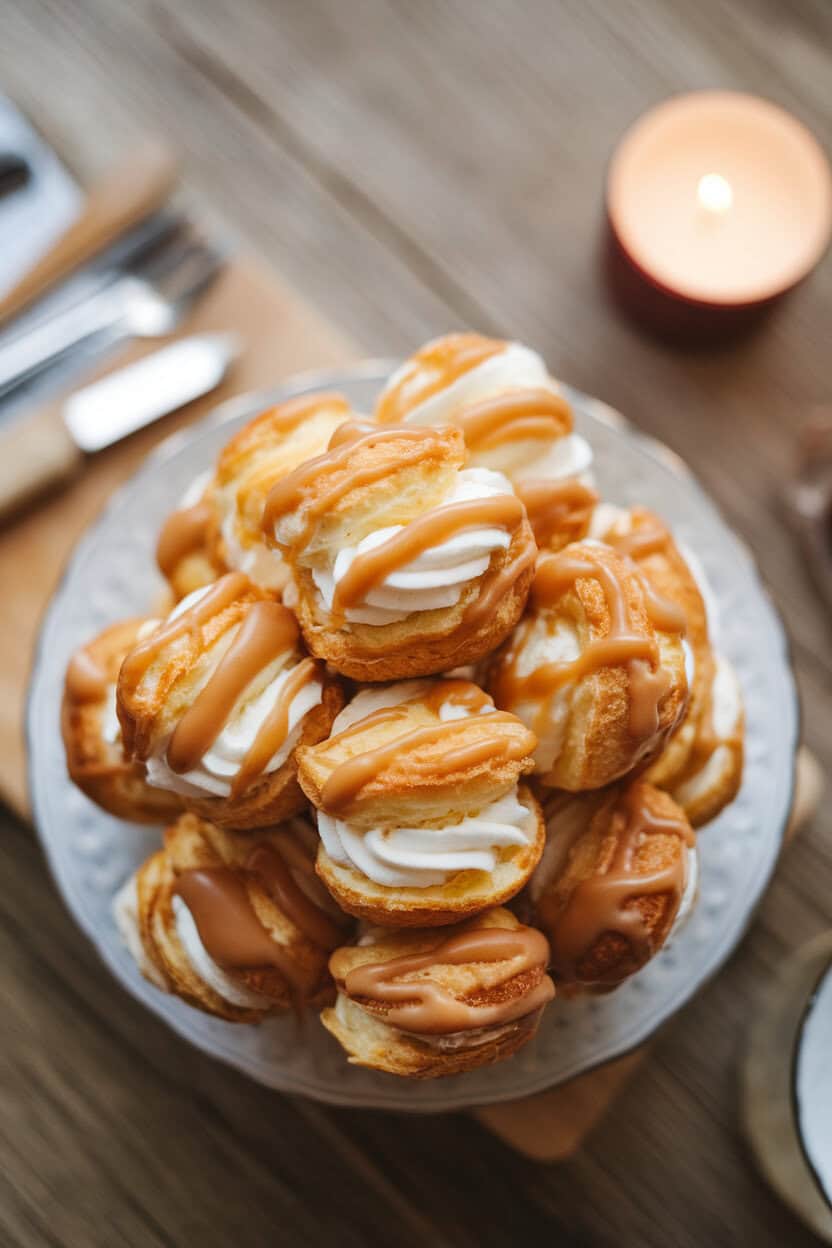 Photo prompt: Indoor dessert plate stacked with cream-filled profiteroles drizzled generously with salted caramel sauce, overhead angle, no text or logos.