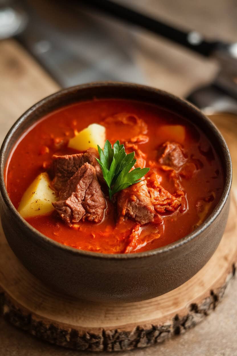 Indoor photo of deep red goulash soup with beef chunks, potatoes, and paprika-tinted broth, served in a rustic bowl. No text or logos