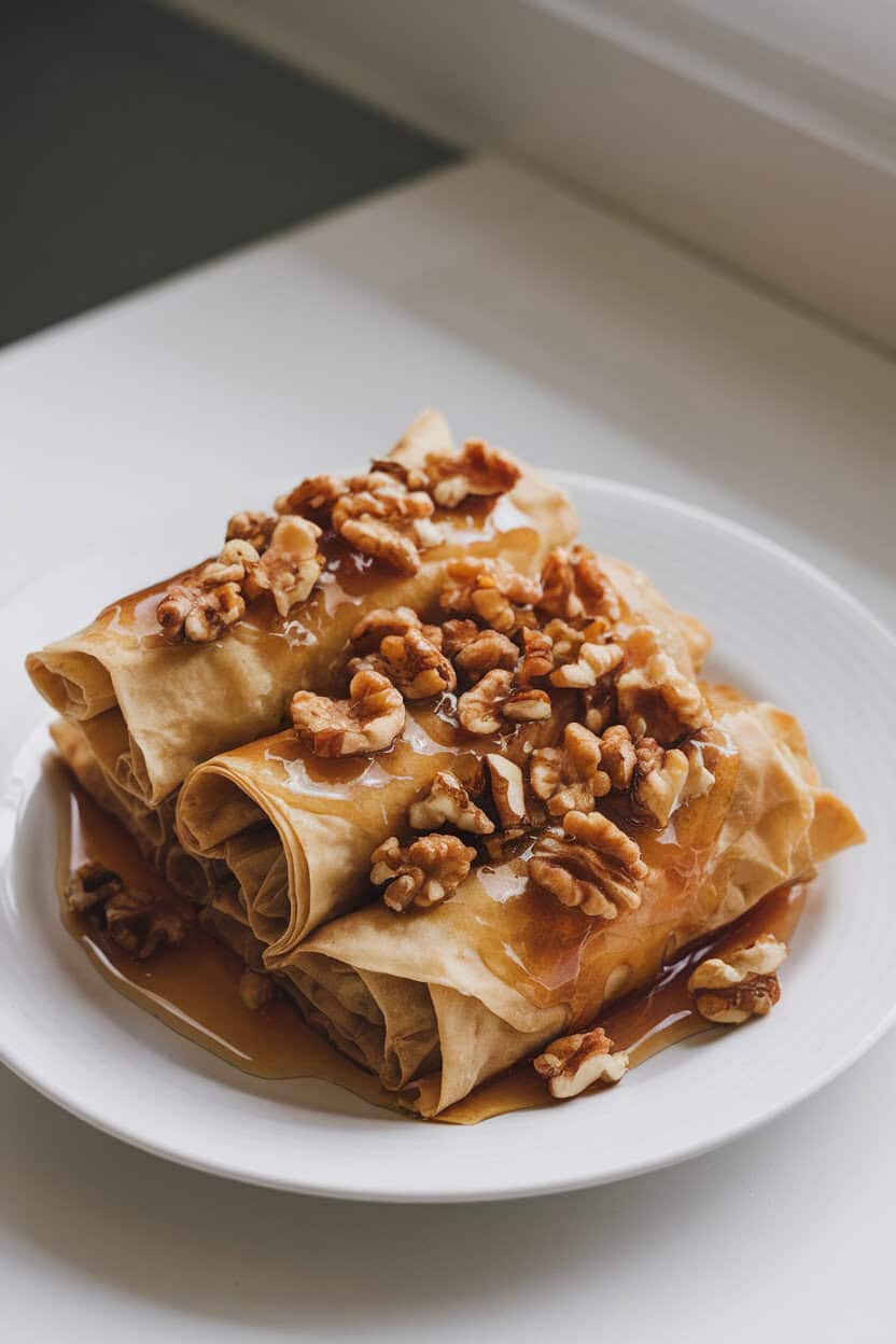 Photo prompt: An indoor dessert platter featuring phyllo rolls dripping with glossy honey syrup and crushed walnuts, soft overhead light, no text or logos.