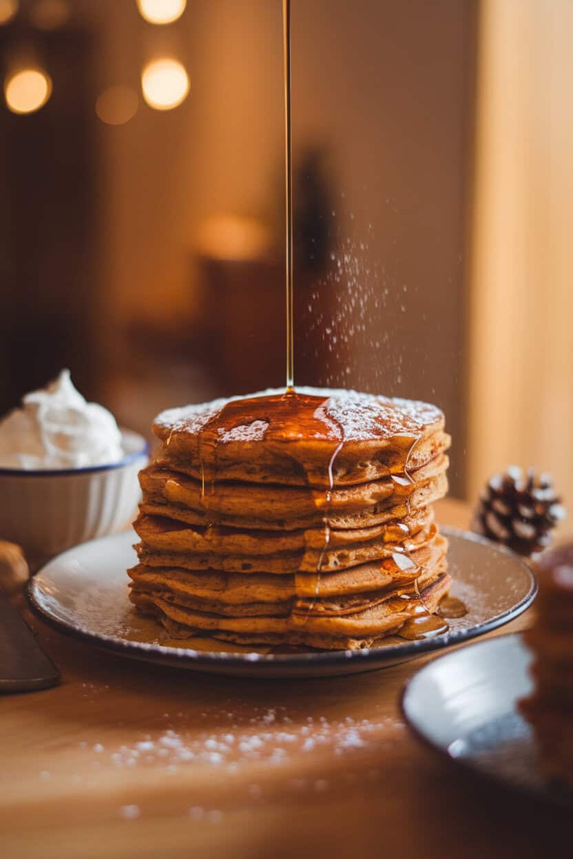 Indoor breakfast table with a stack of fluffy gingerbread-spiced pancakes drizzled with warm maple syrup and sprinkled with powdered sugar, a small bowl of whipped cream on the side. Cozy morning lighting, no text or logos in the scene. Photo, not illustration.