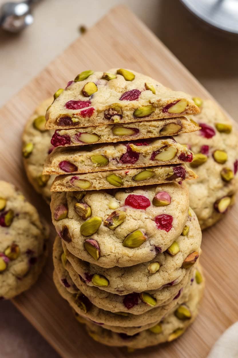 Overhead indoor image of round slice-and-bake cookies studded with green pistachios and red cranberries, stacked neatly. No text or logos.