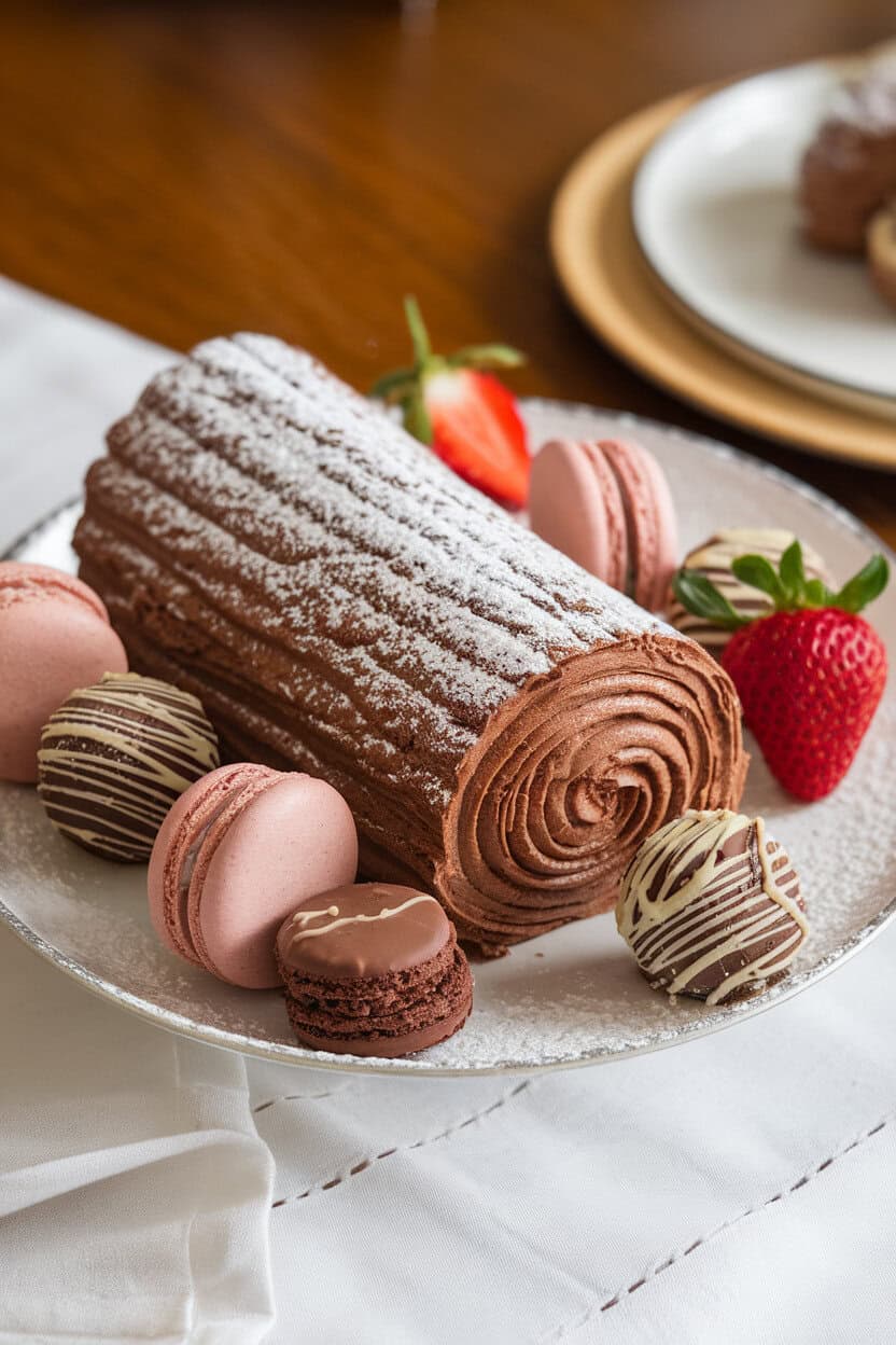 An indoor dessert platter featuring a rolled chocolate sponge cake frosted to resemble a log, dusted with powdered sugar—no text or logos.