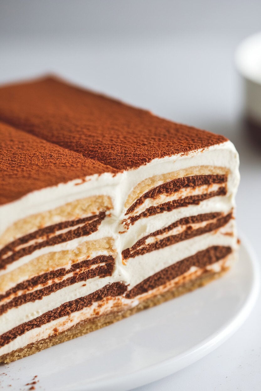 Indoor side view of a chilled tiramisu icebox cake slice, layers of coffee-soaked cookies and mascarpone cream visible, cocoa lightly dusted on top. Photo, no text or logos.