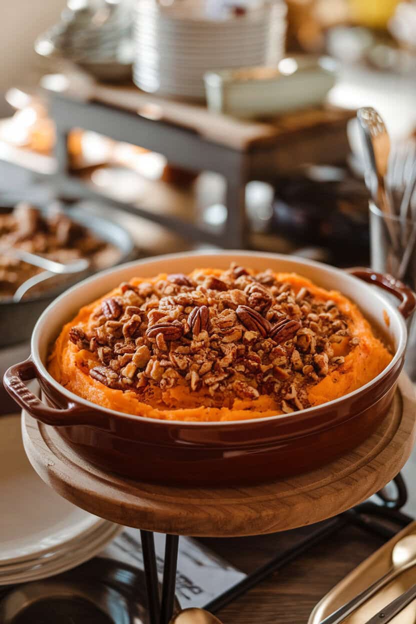 A casserole dish on an indoor buffet showing mashed sweet potatoes crowned with crumbly pecan streusel, lightly toasted; no text or logos. Photo.
