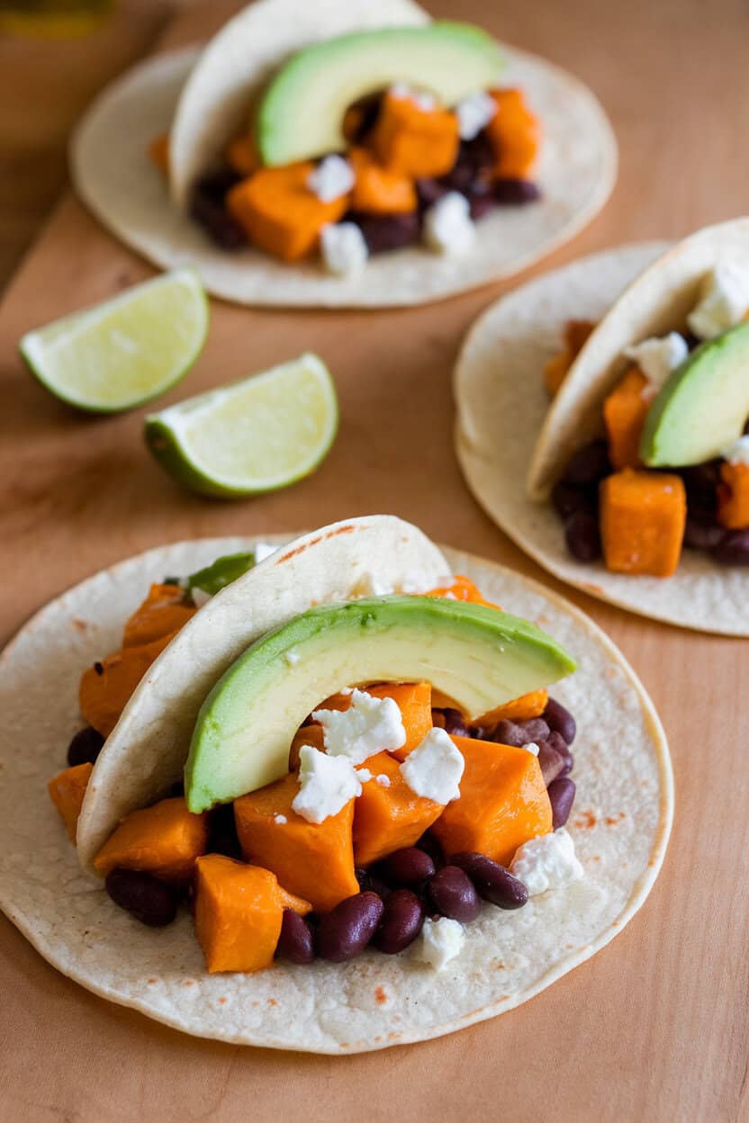 Indoor photo of three corn tortillas filled with roasted butternut squash cubes, black beans, avocado slices, and feta; lime wedges alongside, no text or logos.