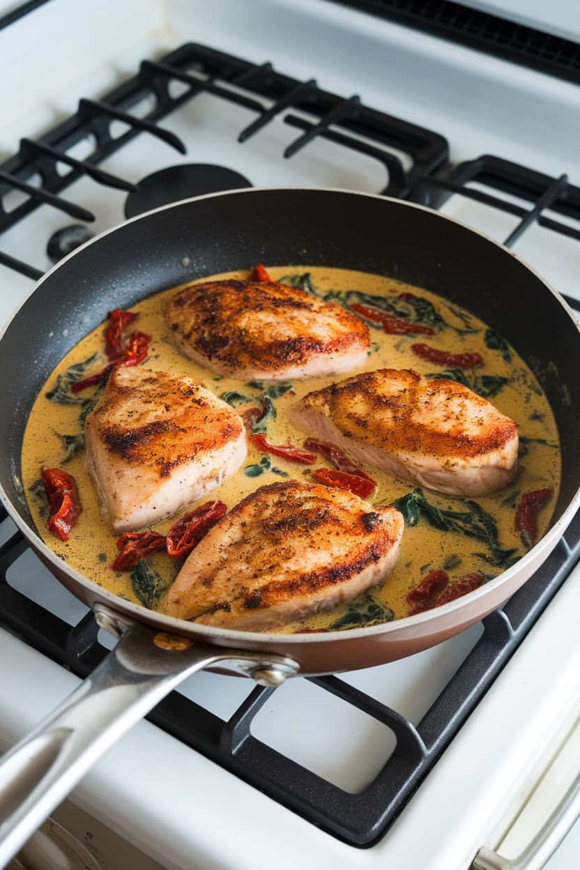 A sauté pan on an indoor stove showing seared chicken breasts simmering in a creamy sauce with sun-dried tomatoes and spinach—photo, no text or logos