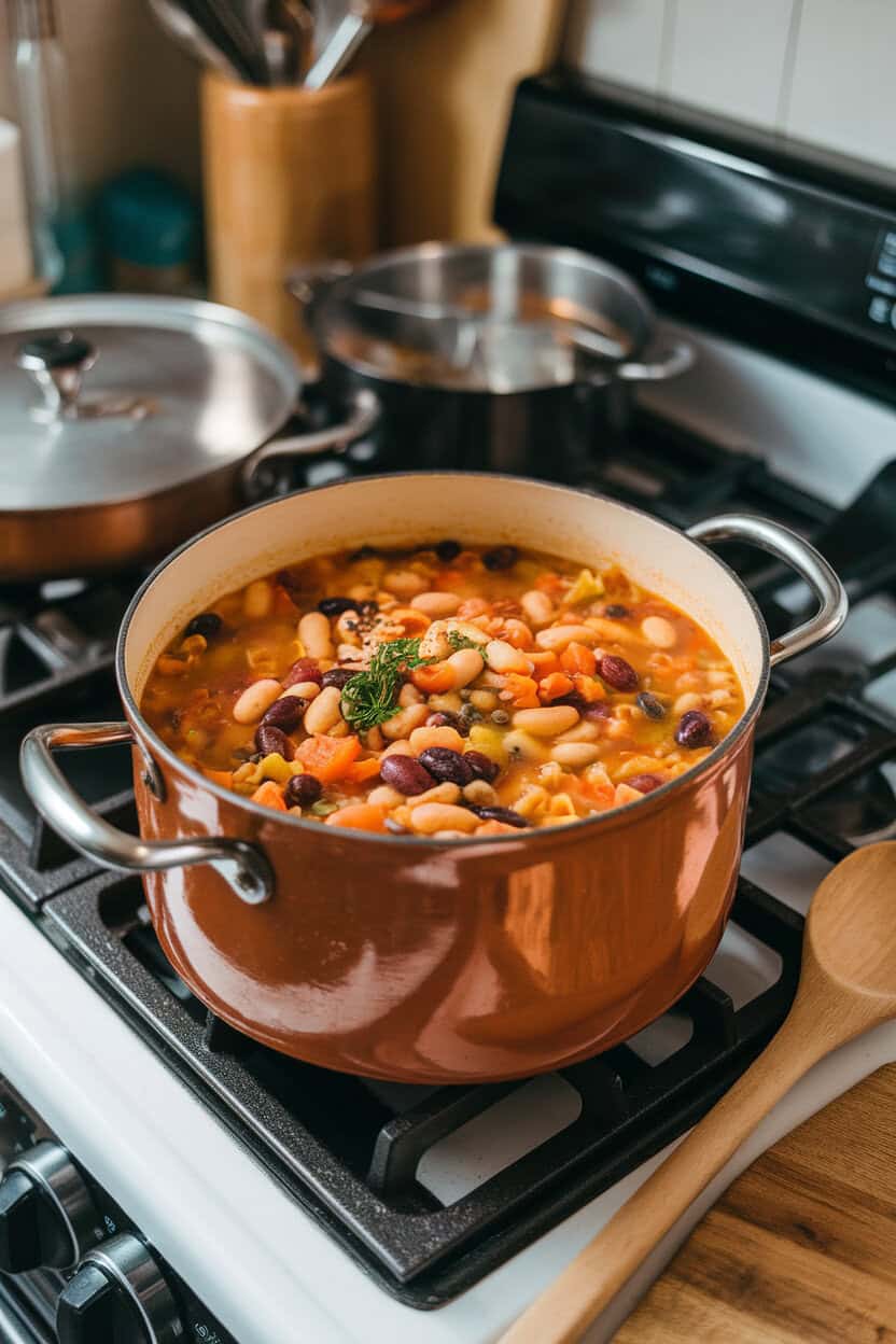 A soup pot on an indoor stovetop brimming with vegetable minestrone, colorful beans and pasta visible. No logos; photo, not illustration.