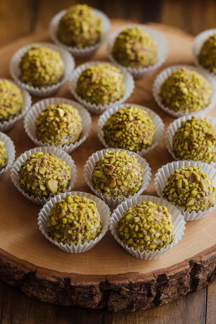 Photo of round goat cheese truffles indoors coated in crushed pistachios and arranged in paper mini cups on a wooden board; no text or logos