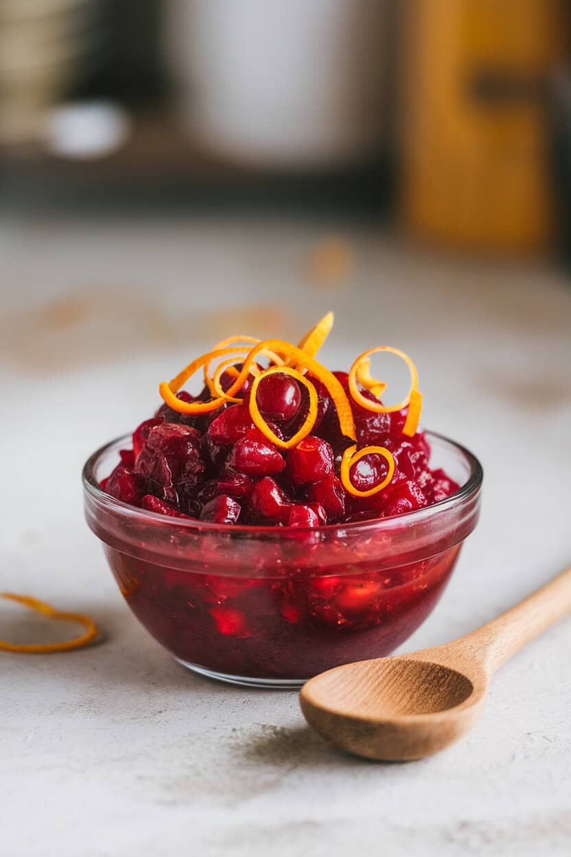 A small indoor bowl of chunky cranberry orange relish, zest curls on top, spoon resting beside; photo, no text or logos.