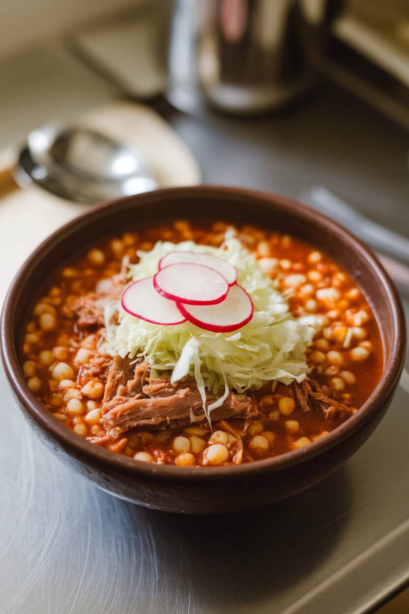 Indoor kitchen table with a deep bowl of red posole—hominy, shredded pork, and chili broth—topped with sliced radish and shredded cabbage. Photo only, no text or logos.
