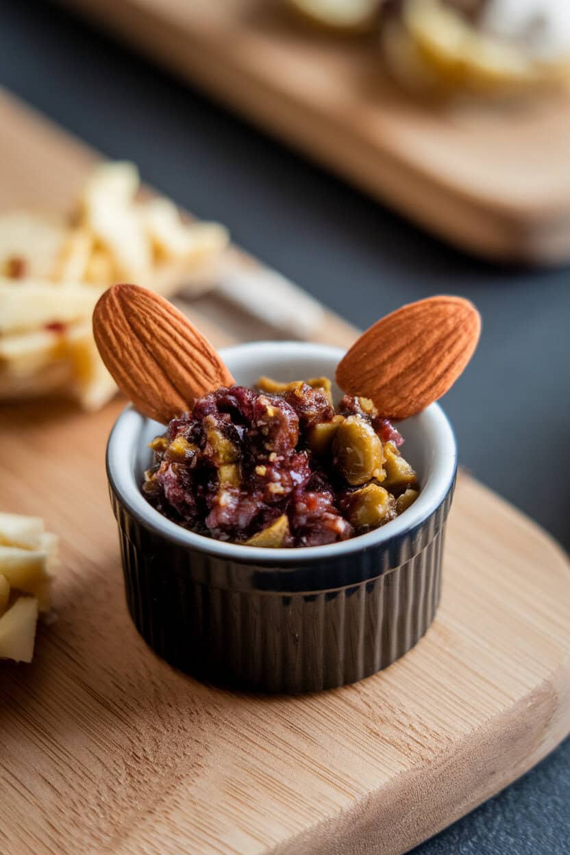Indoor photo of a small black ramekin filled with chunky black olive tapenade, two almond slivers placed as ears on the rim. No text or logos present.