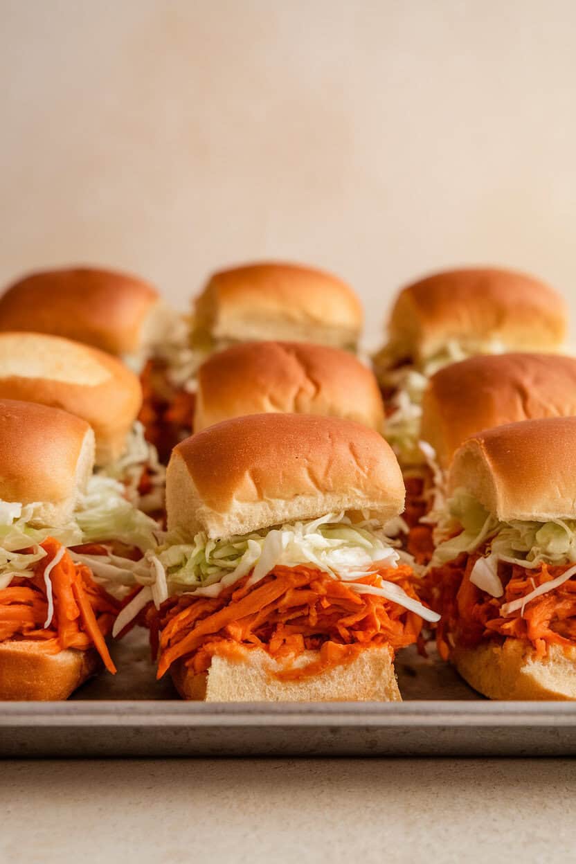 Photo of mini slider buns filled with saucy shredded sweet potato, cabbage slaw on top, lined up on an indoor tray. No text or logos.