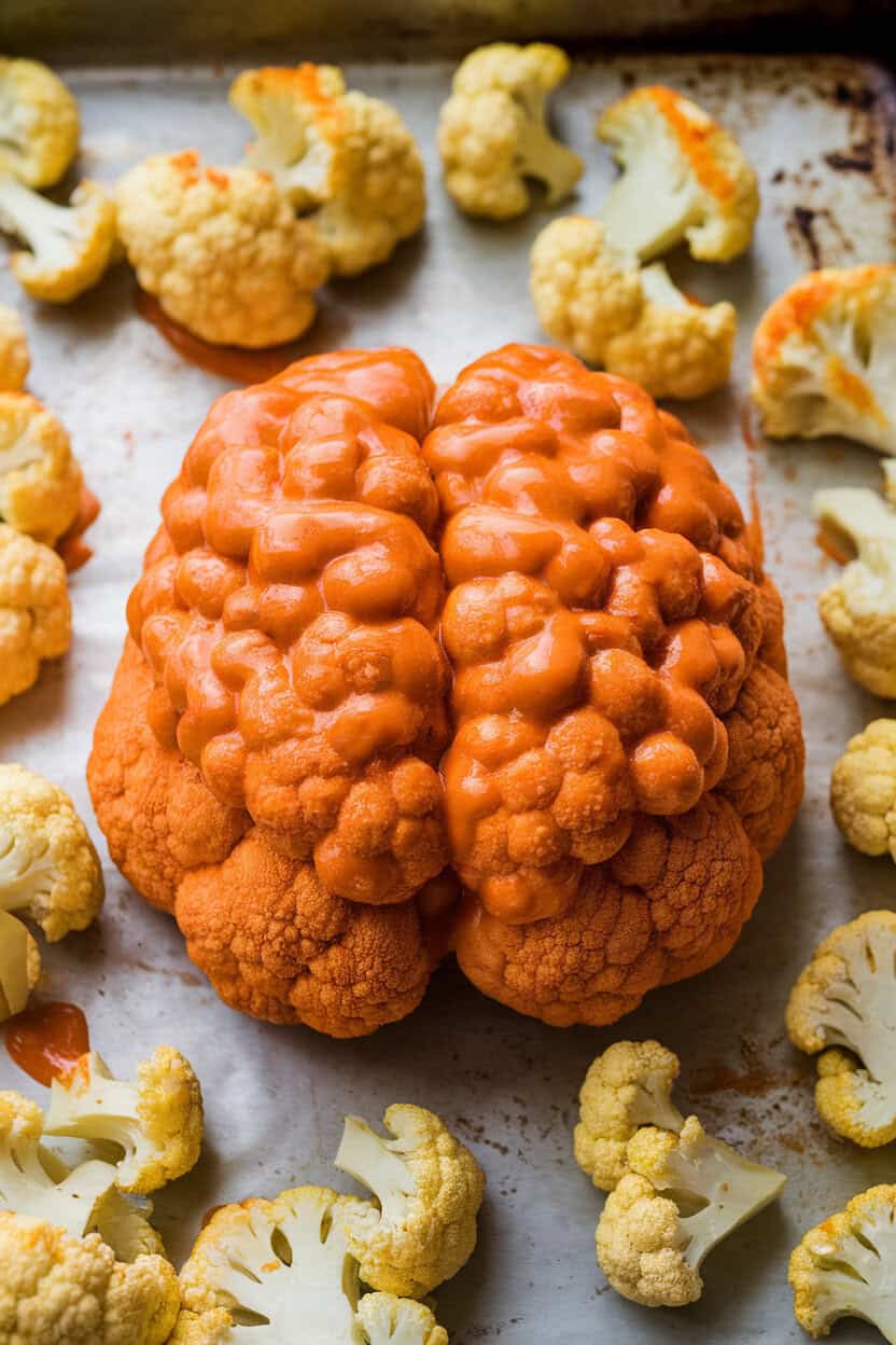 An indoor baking sheet of roasted cauliflower florets coated in orange buffalo sauce, grouped to resemble a brain shape on a platter. No text or logos. Photo only.