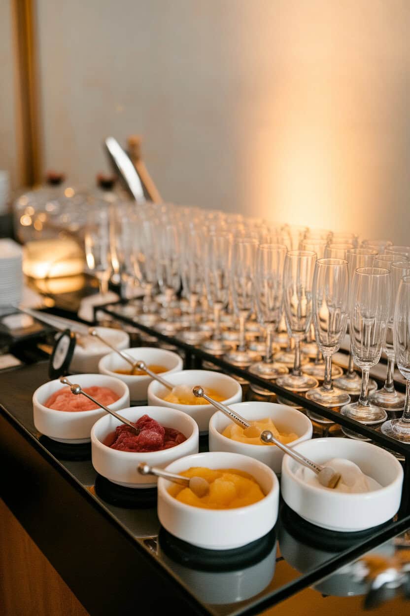 Indoor buffet table featuring small bowls of fresh fruit purées and bitters droppers beside rows of empty champagne flutes, no text or logos on containers, warm ambient light.