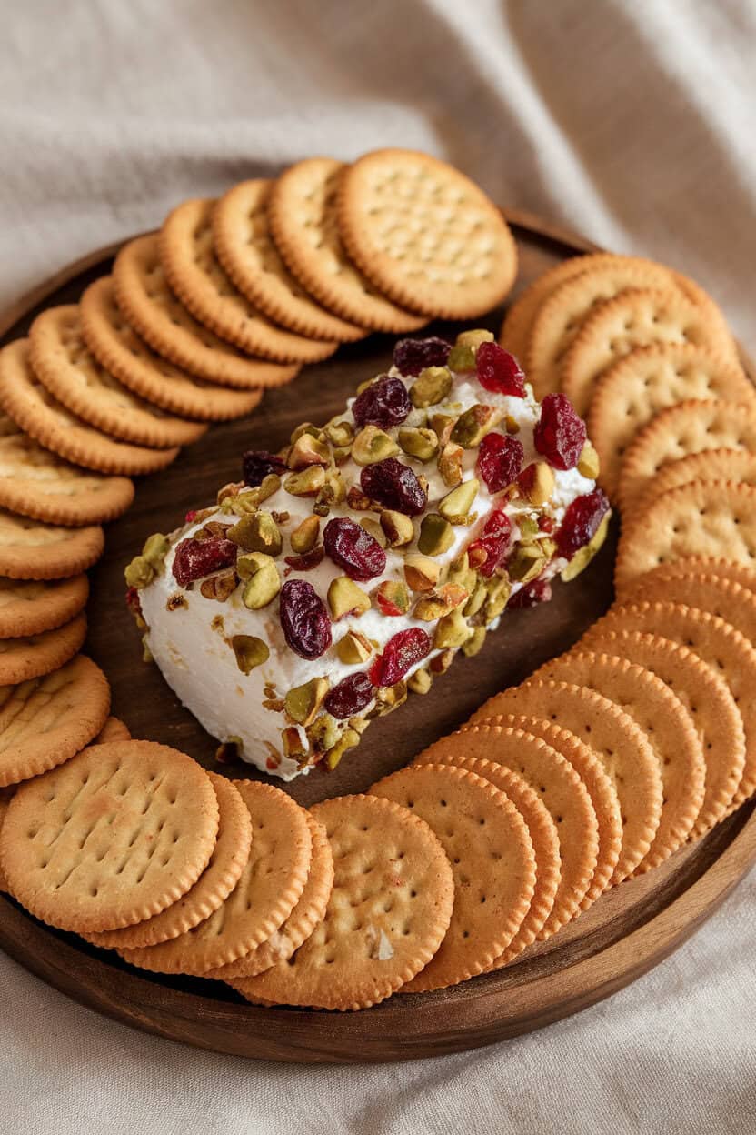 Indoor photo of a cream cheese log coated in dried cranberries and chopped pistachios, placed on a wood board with wheat crackers. No text or logos.
