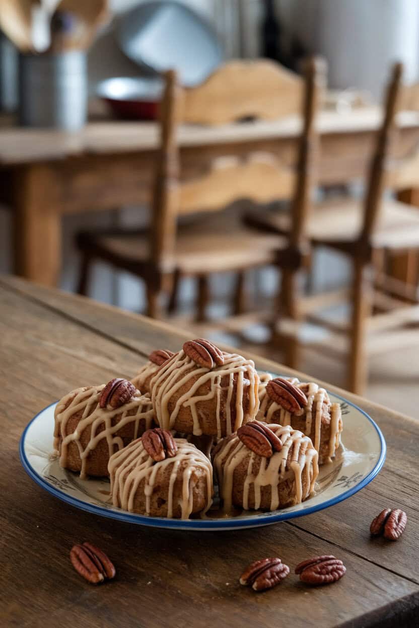 A rustic indoor kitchen photo of round pecan sandies drizzled with maple glaze, scattered pecan halves nearby; no logos.
