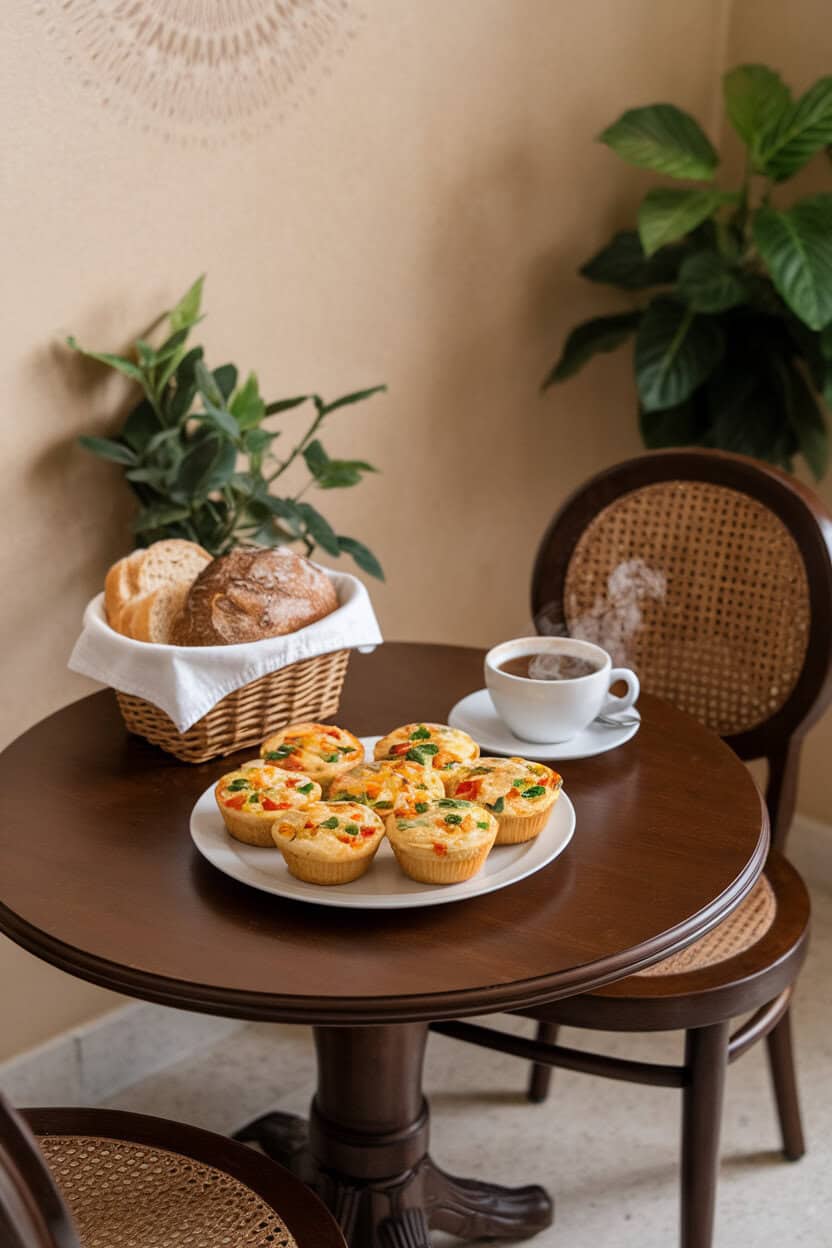 An indoor breakfast nook showing a plate of mini frittata muffins stuffed with colorful diced vegetables, steam rising gently. Photo only, no text or logos visible.