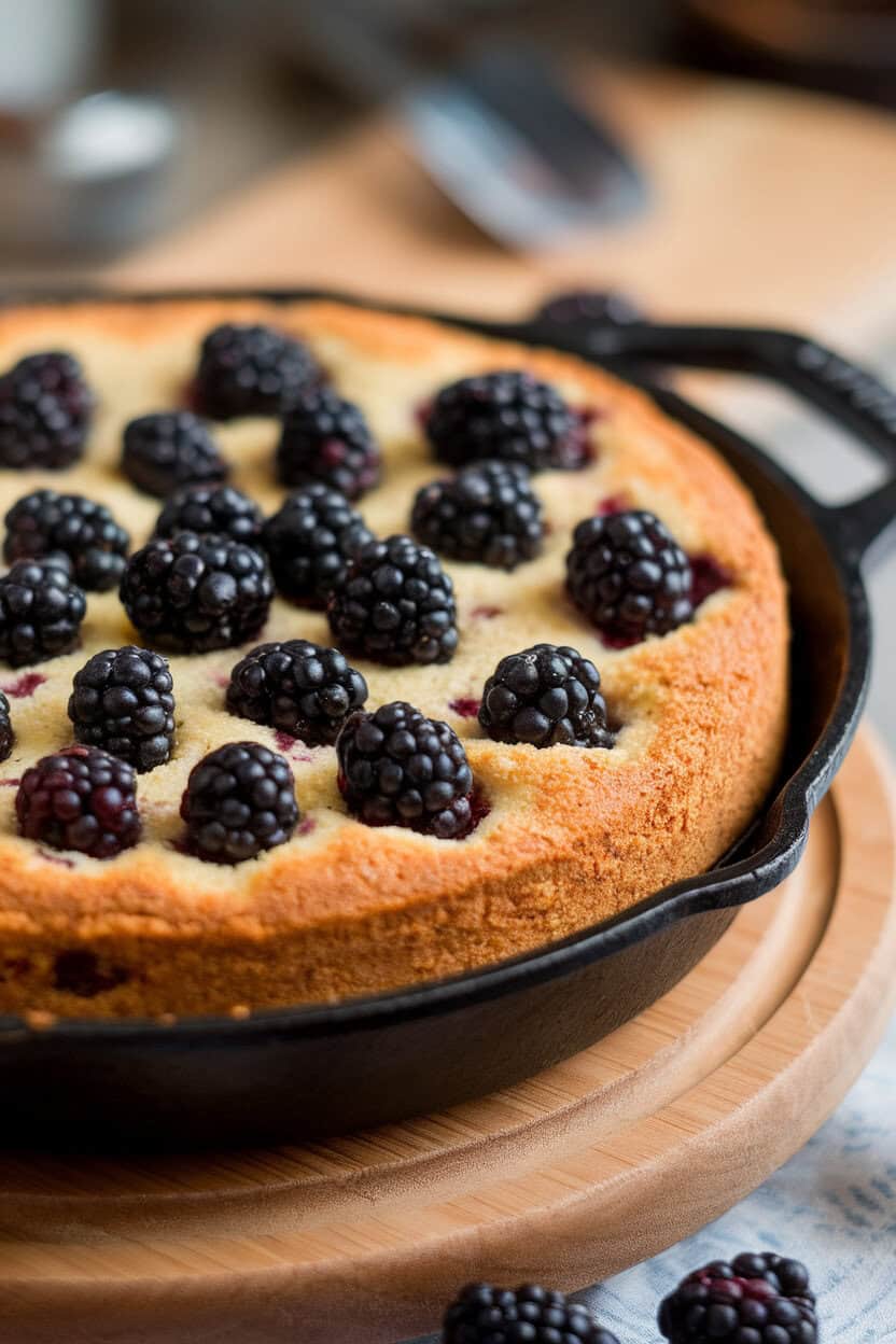Indoor photo of a cast-iron skillet cake studded with blackberries, golden cornmeal crust visible, no text or logos