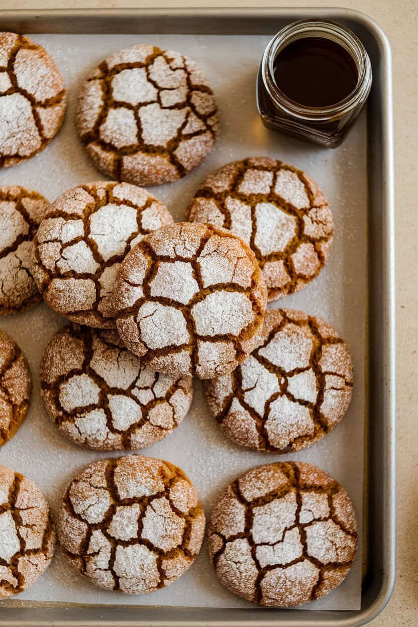 An indoor cookie sheet filled with crackled molasses cookies, sugar crust sparkling, with a small jar of molasses tucked off to the side. No text or logos. Photo only.
