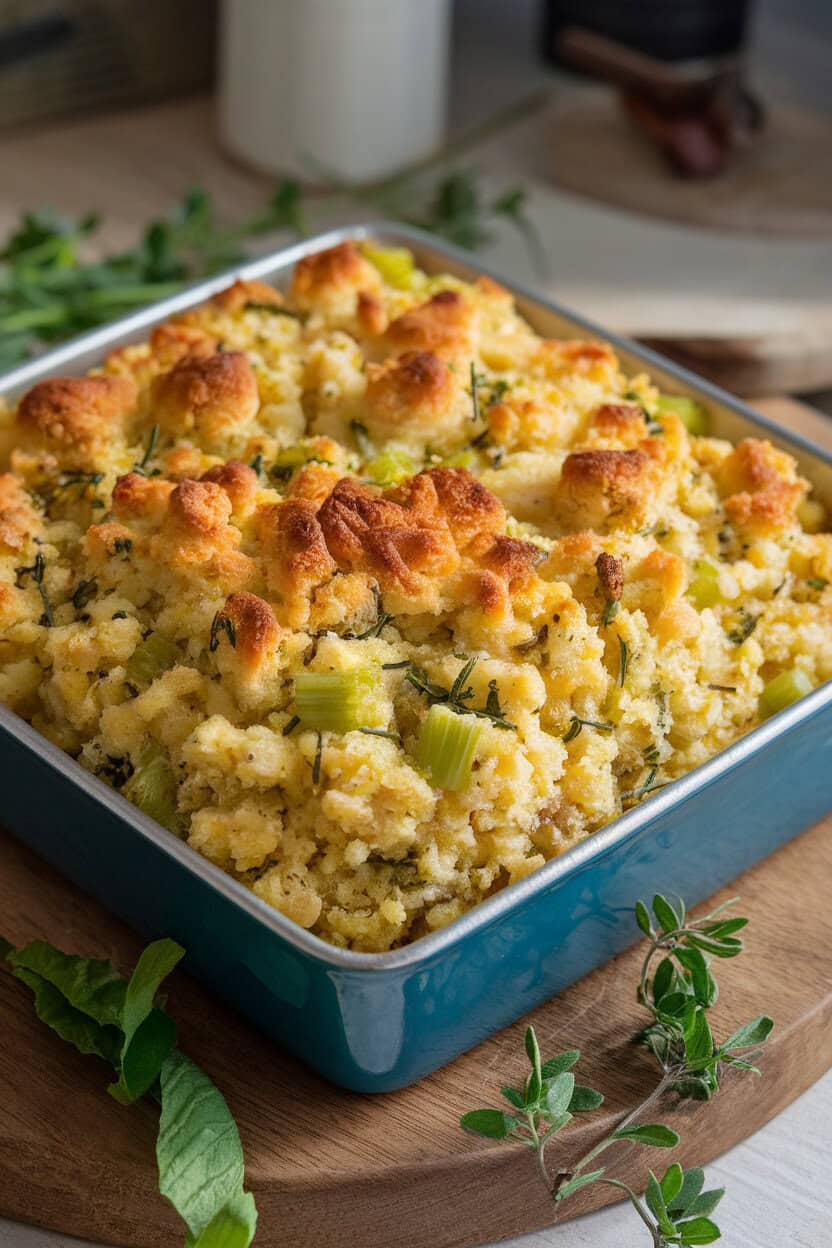 Photo of a square baking dish indoors filled with rustic cornbread dressing speckled with celery and herbs, golden crust on top, no text or logos.