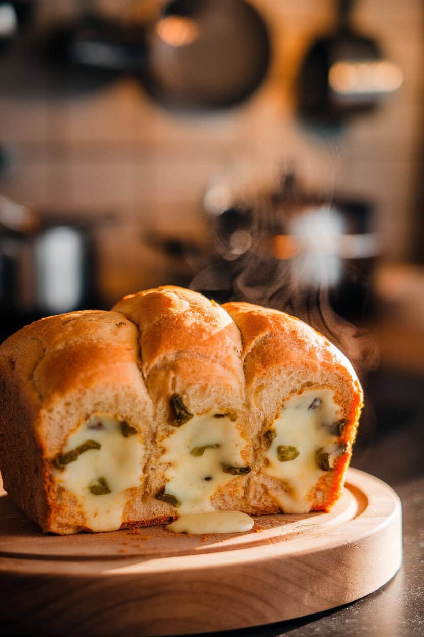 Photo of a loaf studded with melted cheddar pockets and green jalapeño flecks, steam curling in indoor kitchen lighting. No text or logos.