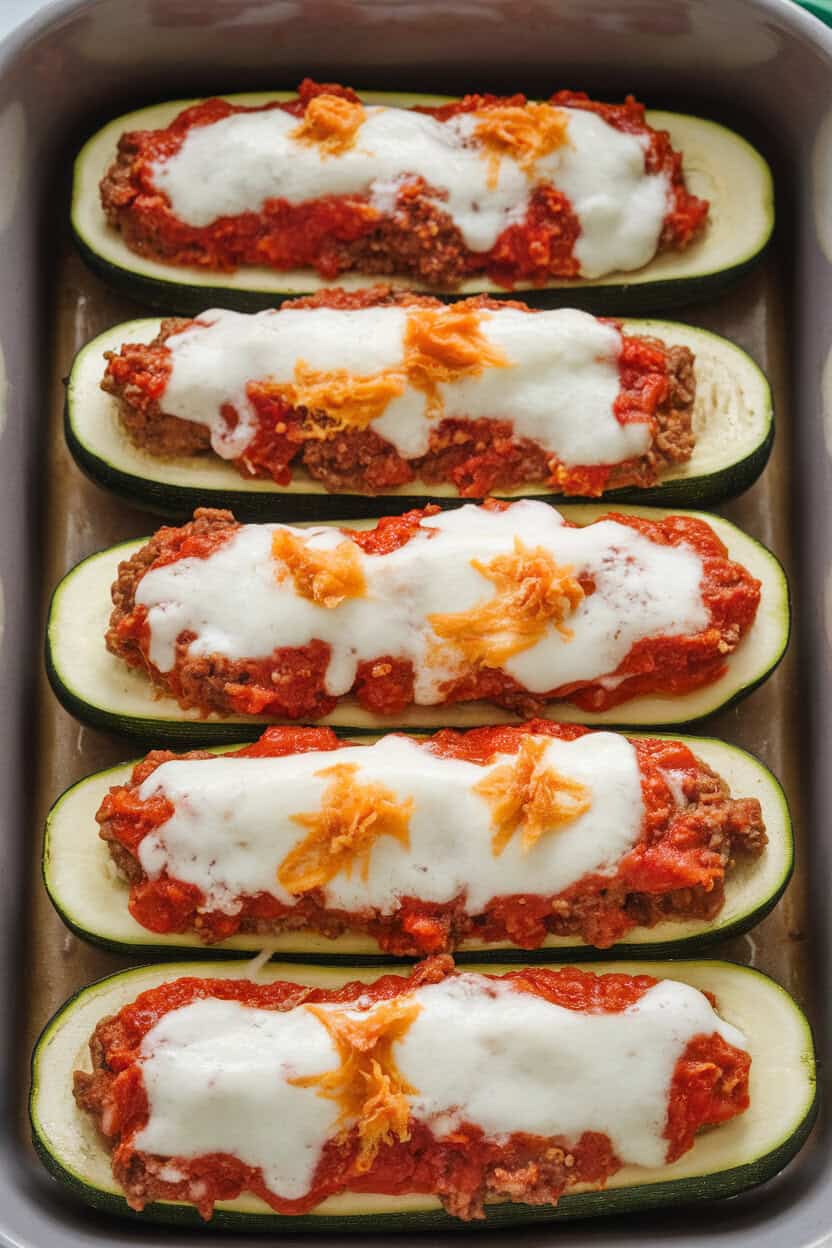 Indoor photo of zucchini halves filled with tomato-beef mixture and topped with melted mozzarella, arranged neatly in a baking dish. No text or logos present.