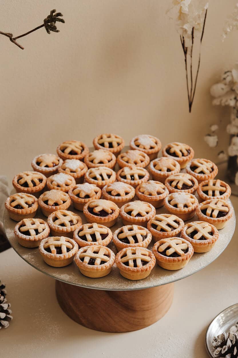 An indoor platter of small mince pies with lattice pastry tops, lightly dusted with powdered sugar; photo, no text or logos.