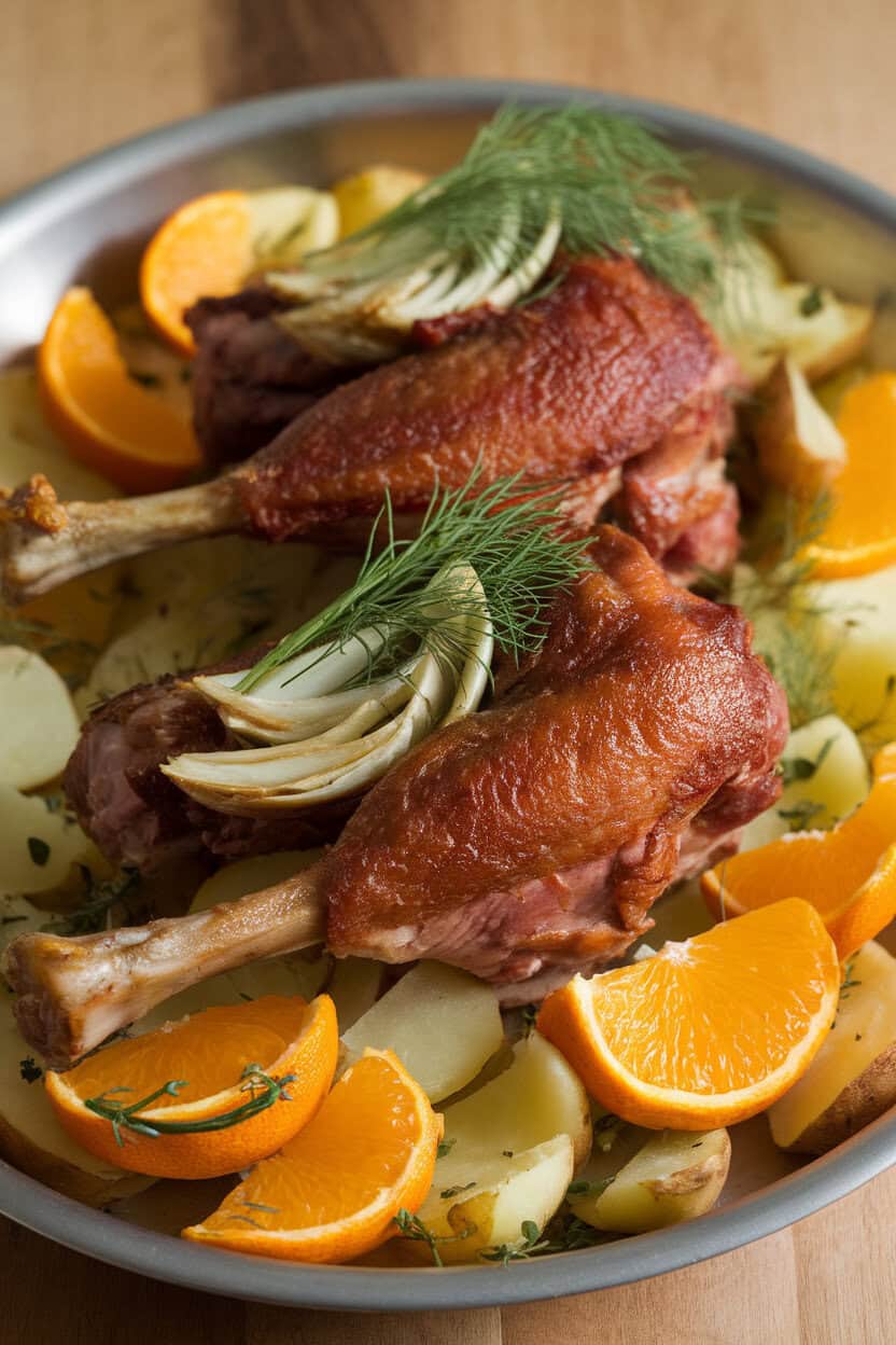 Indoor photo of crispy roast duck legs garnished with fennel fronds and orange segments on a serving dish. No text or logos.