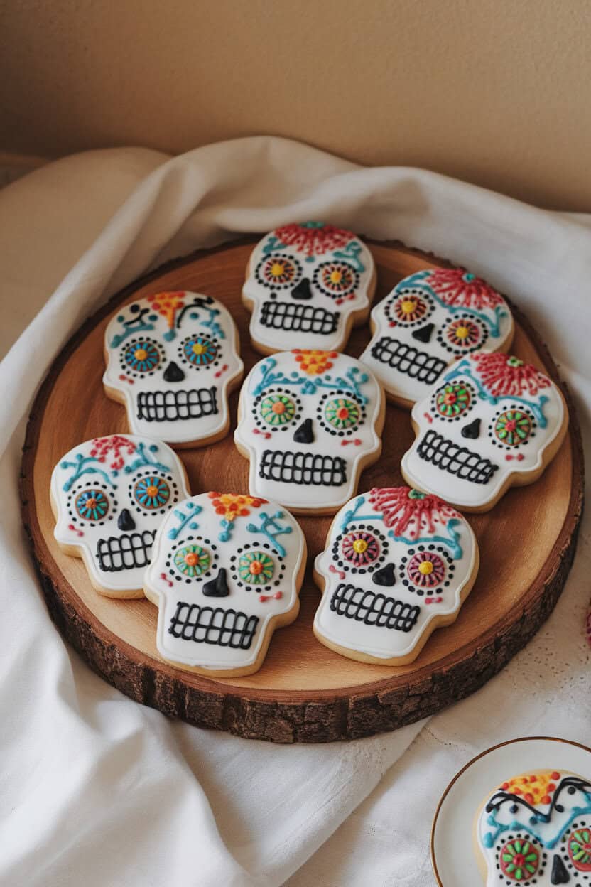 Indoor wooden board with white royal-icing sugar cookies shaped as skulls, ornately decorated with colorful patterns. Soft overhead lighting, no text or logos. Photo only.