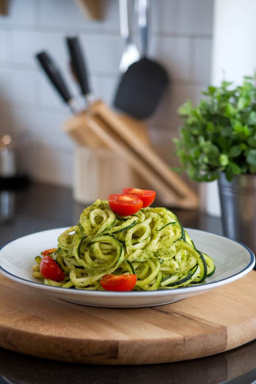 An indoor kitchen island featuring a plate of vibrant green zucchini noodles tossed in fresh basil pesto, cherry tomato halves scattered on top. Photo only, no text or logos.