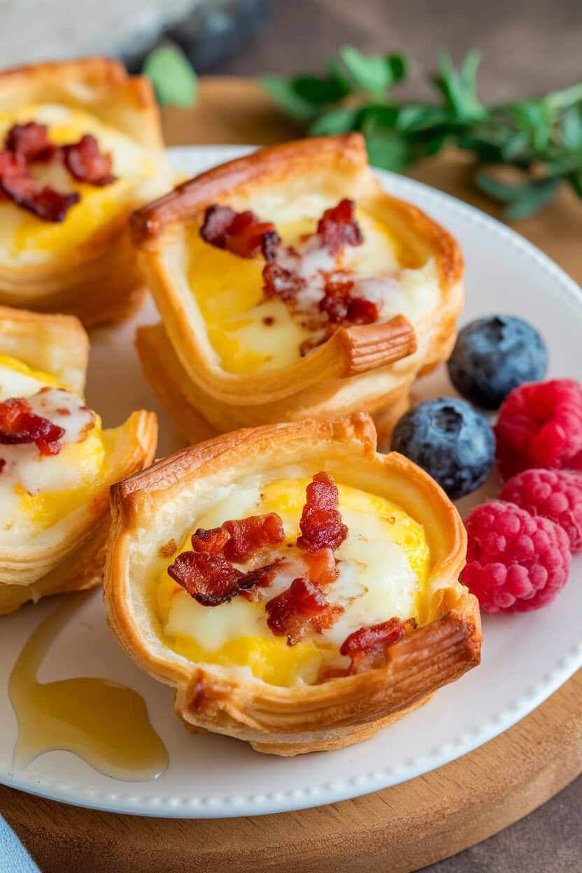 An indoor brunch platter photo of small pastry shells filled with fluffy egg custard, bacon bits, and melted Swiss cheese, lightly browned on top. No logos or text.