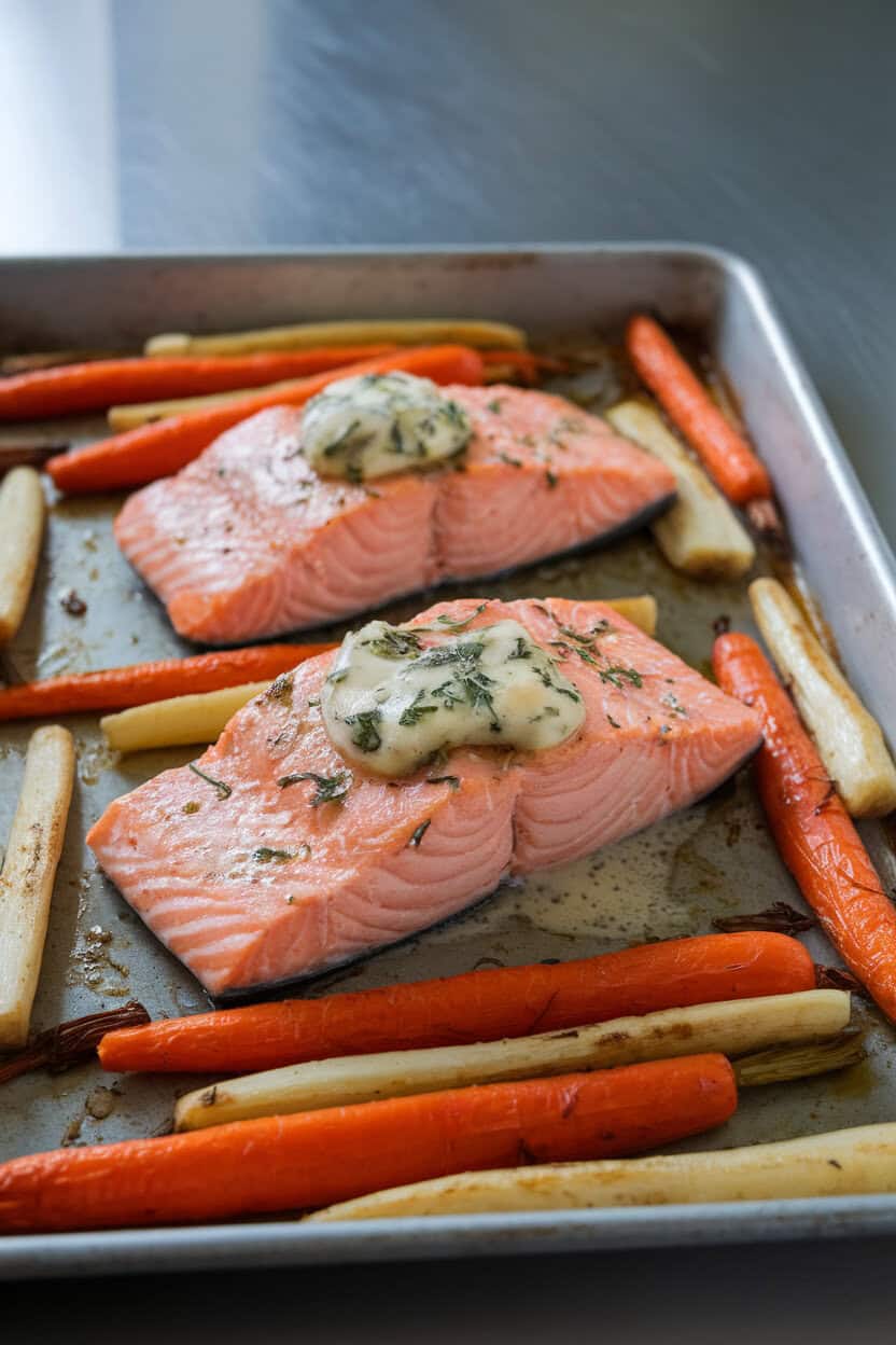 Sheet pan on an indoor table featuring cooked salmon fillets resting on roasted carrots and parsnips, topped with melting herb butter. No logos; photo, not illustration.