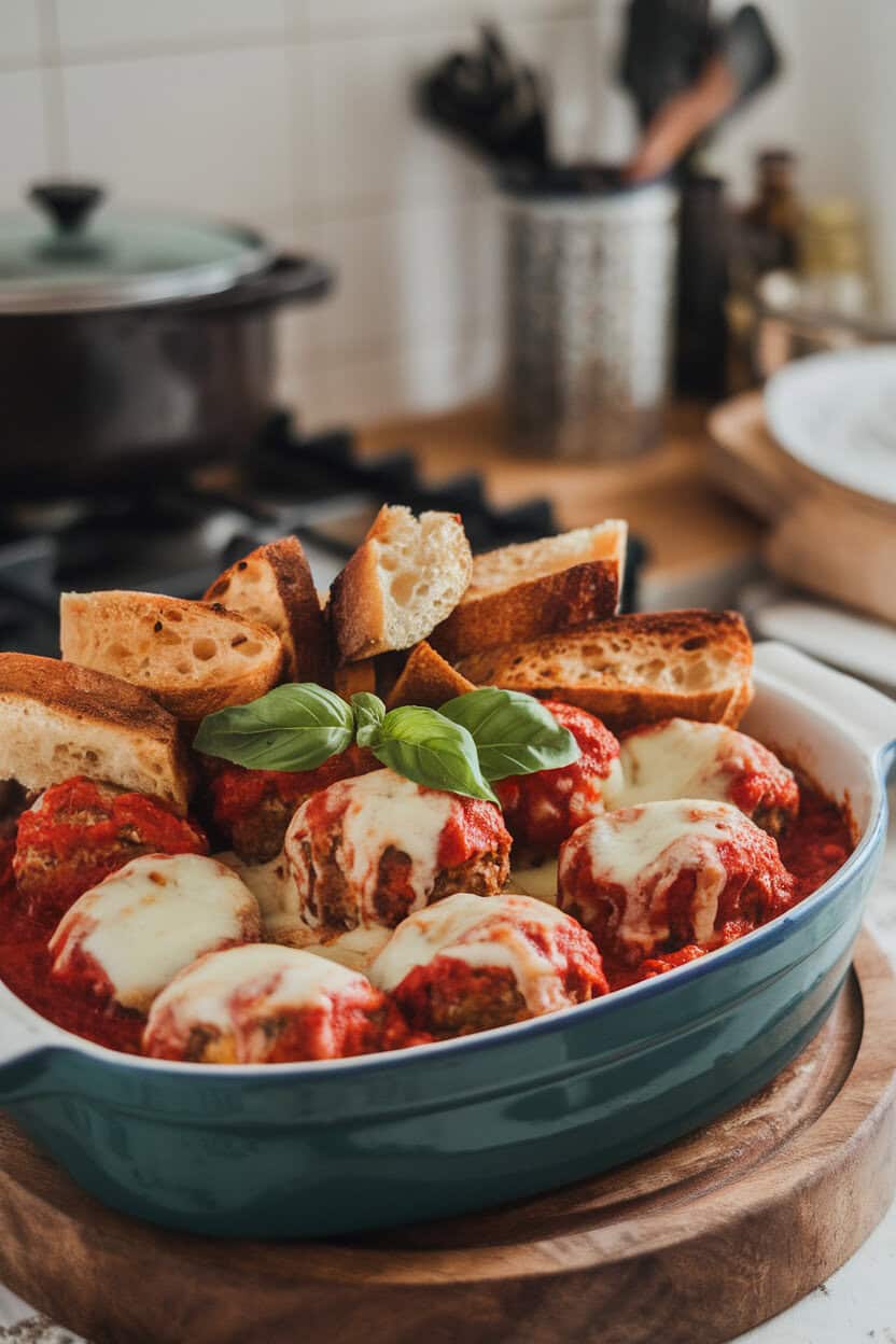 Cozy indoor photo of a casserole filled with marinara-coated meatballs, melted provolone, and toasted bread cubes visible on top. Photo only, no text or logos.