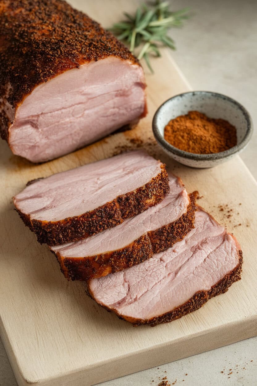 Indoor cutting board with dark porcini-rubbed pork loin slices, a small bowl of porcini powder alongside; no branding.