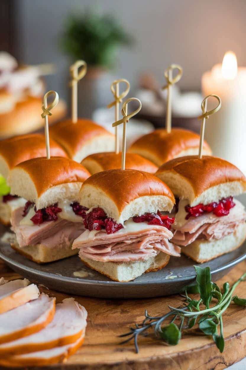 An indoor platter of mini brioche sliders filled with sliced roast turkey, cranberry relish, and melted provolone, skewers holding each one. No text or logos. Photo, not illustration.