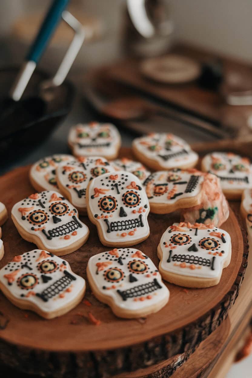Indoor photo of small sugar cookies iced with colorful yet muted Day-of-the-Dead skull designs, scattered casually on a wood board. No text or logos.