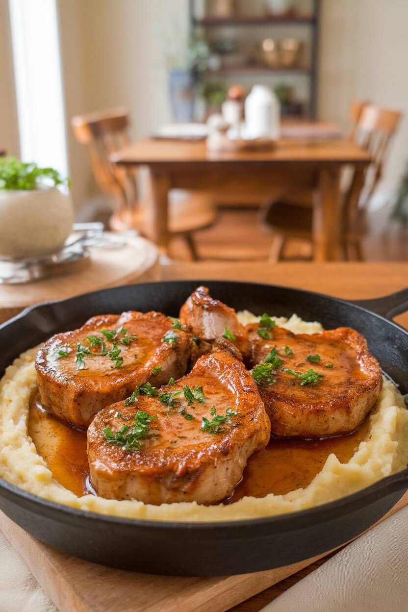 Warm indoor dining table with a skillet of seared pork chops glazed in sticky honey-garlic sauce, garnished with chopped parsley. No text or logos present.