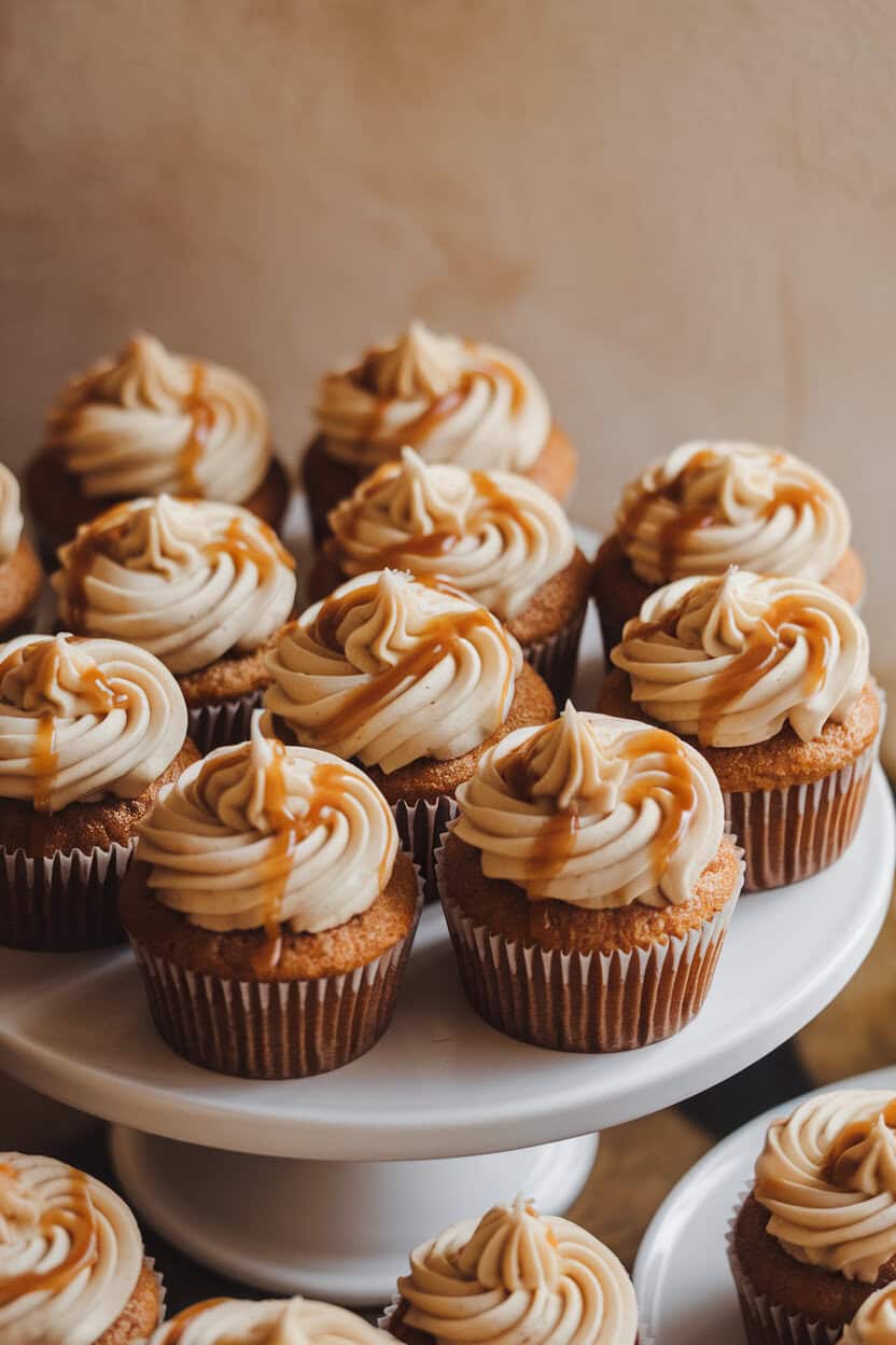 Indoor photo of vanilla cupcakes with visible dulce de leche swirls and caramel buttercream, finished with a light caramel drizzle. No text or logos.
