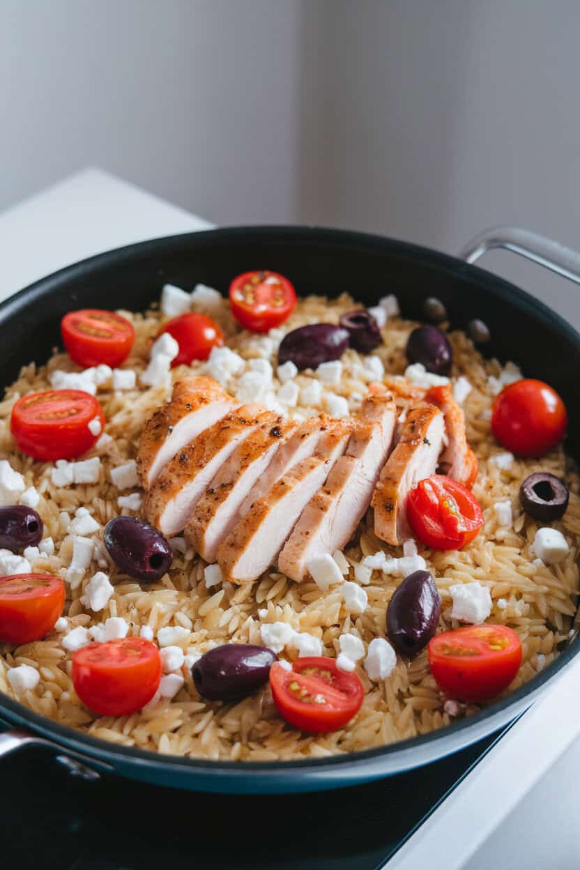 A skillet indoors containing orzo pasta, cherry tomatoes, olives, and sliced chicken, garnished with feta crumbles; no text or logos; photo
