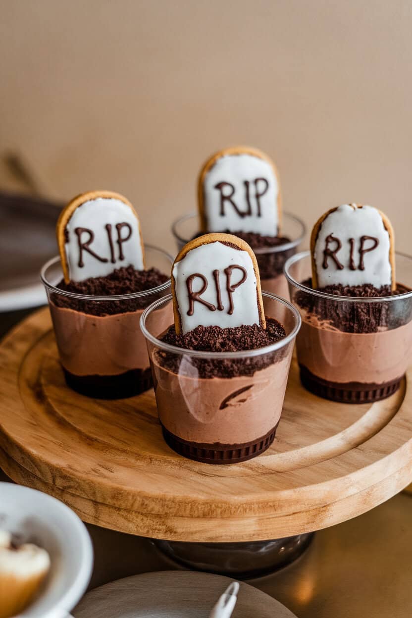 Indoor tabletop display of individual clear cups filled with chocolate pudding, crushed cookie “soil,” and cookie tombstones iced with “RIP.” No logos, no text on the cups themselves, photo only.