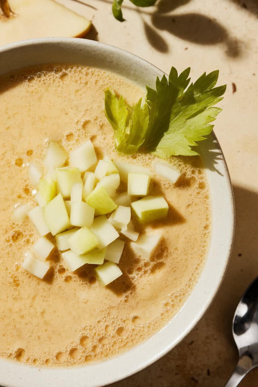 Indoor shot of pale, creamy soup garnished with finely diced green apple and celery leaf. No text or logos