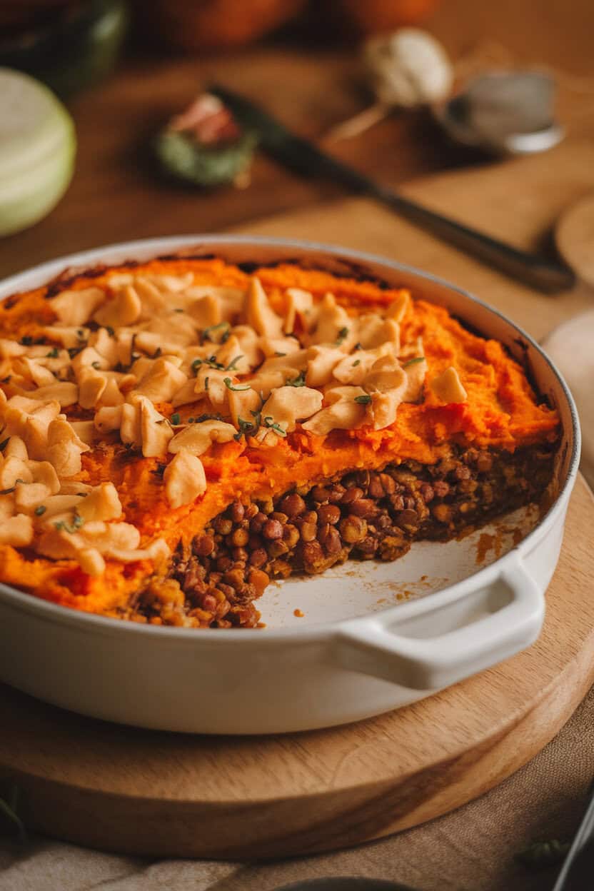 Indoor casserole dish photo showing a golden sweet potato mash topping over a savory lentil filling, one scoop removed to reveal layers. No text or logos.