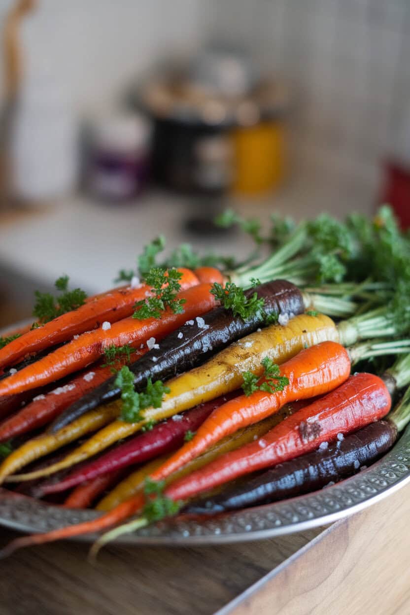 An indoor platter of roasted multicolored carrots sprinkled with fresh parsley and coarse salt—no text or logos.