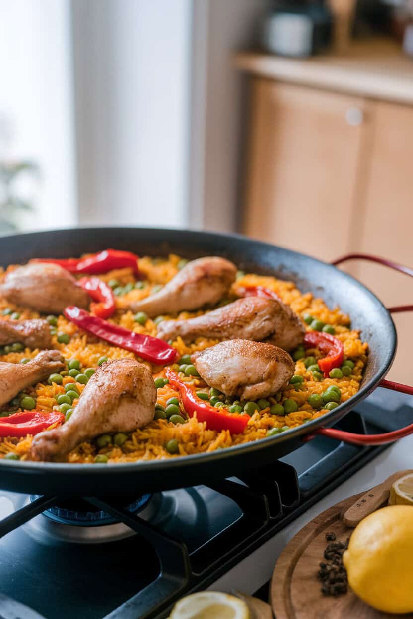 A paella pan on an indoor stovetop filled with saffron rice, chicken pieces, peas, and roasted red peppers; no text or logos; photo