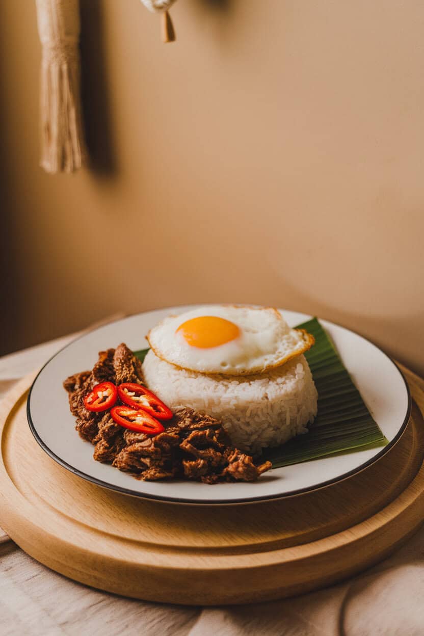 Indoor photo of steamed jasmine rice topped with spicy Thai basil beef, red chili slices, and a fried egg with runny yolk. No text or logos anywhere.